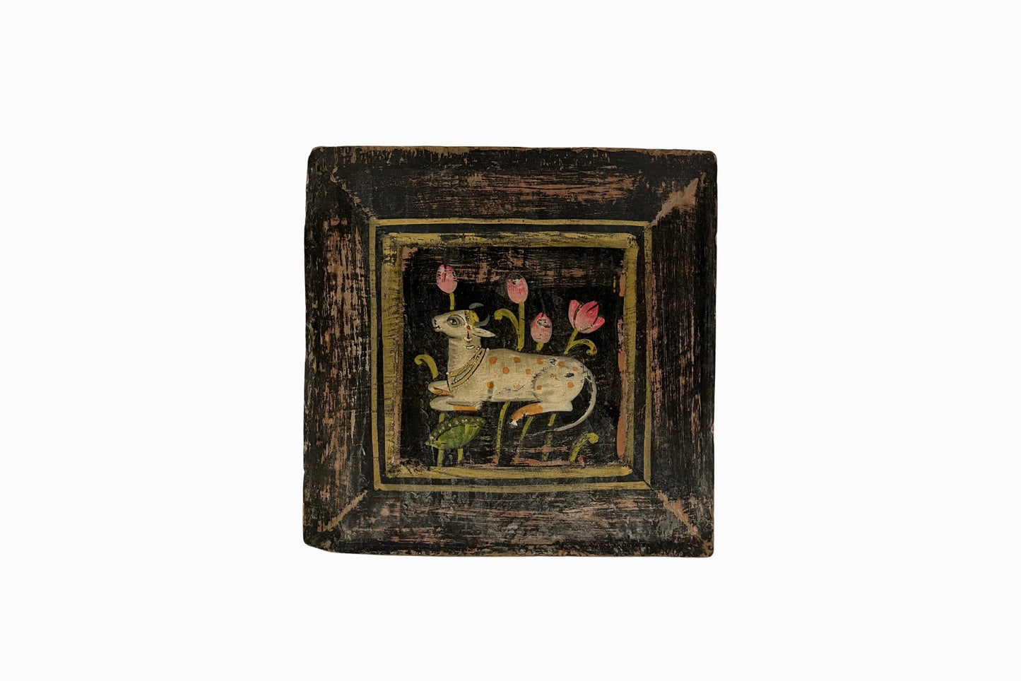 A Panel painting of a Cow with Water Lilies