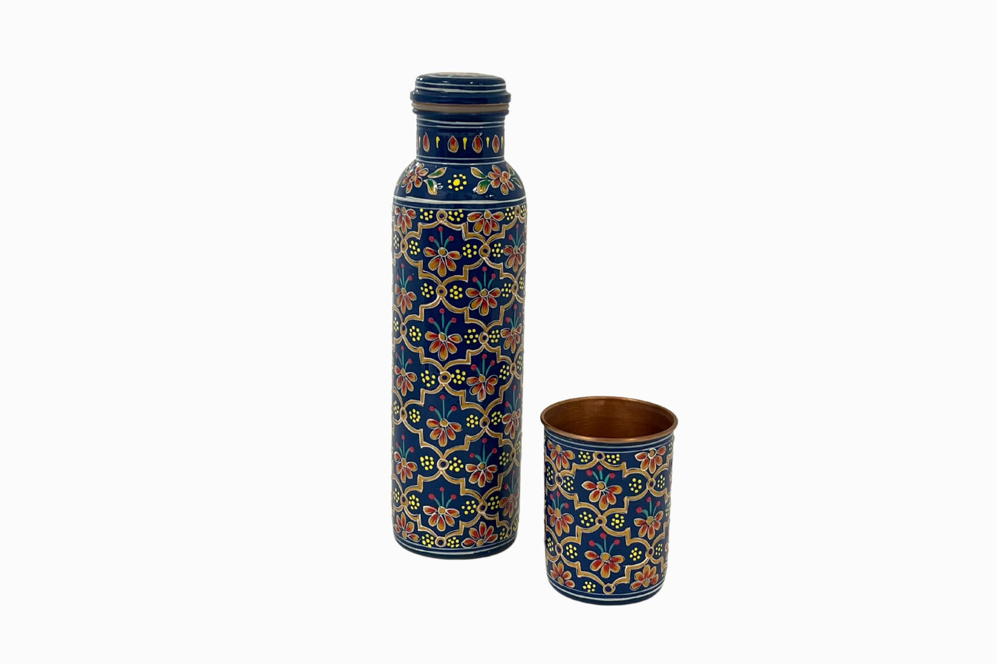 Patterned hand painted water bottle - blue
