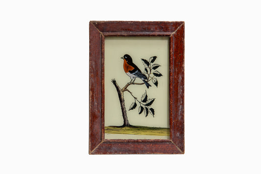 Reverse glass painting of a bird in a brown frame. (Small)