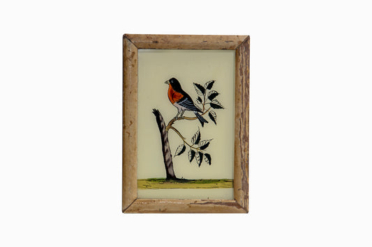 Reverse glass painting of bird in a cream frame.(small)