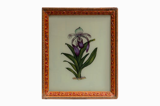 Reverse glass painting of a purple orchid. (Medium)