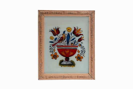 Indian glass painting of a bird on a red bowl. (Medium)