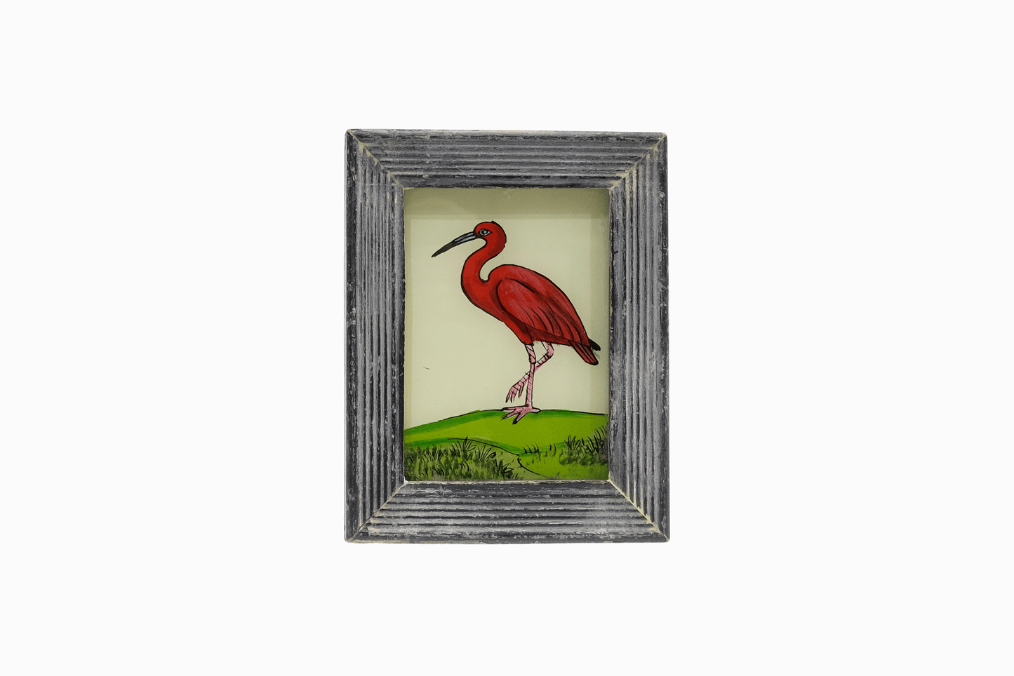 A reverse glass painting of a scarlet Ibis (very small)