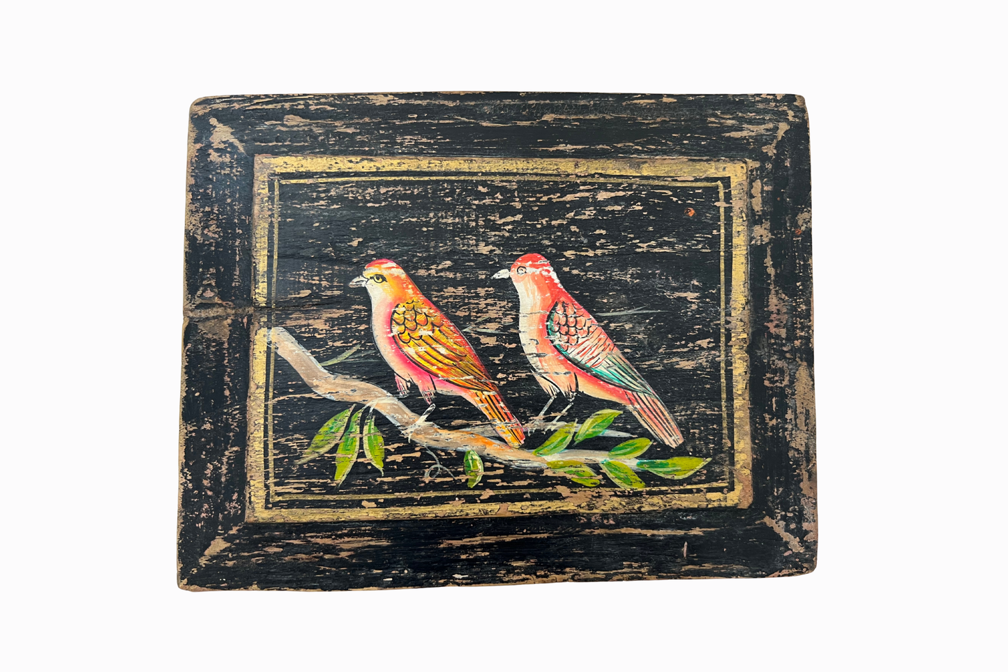 Red birds on a Black and gold panel