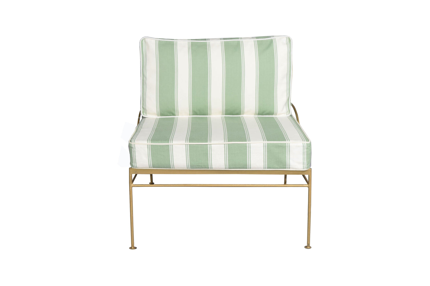SILLA PALM SPRINGS DE METAL DORADO, COJINES A RAYAS VERDES Y CREMA