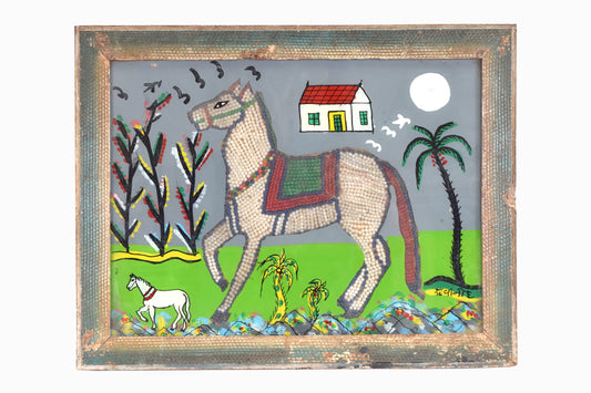 Cheval en perles et tableau en verre peint
