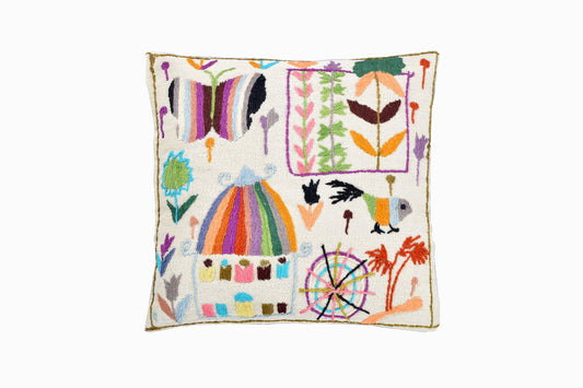 EMBROIDERED VILLAGE SCENE CUSHION REF 1