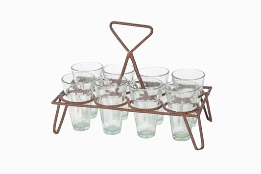 Portachai rectangular con estructura de metal retorcido, ocho vasos