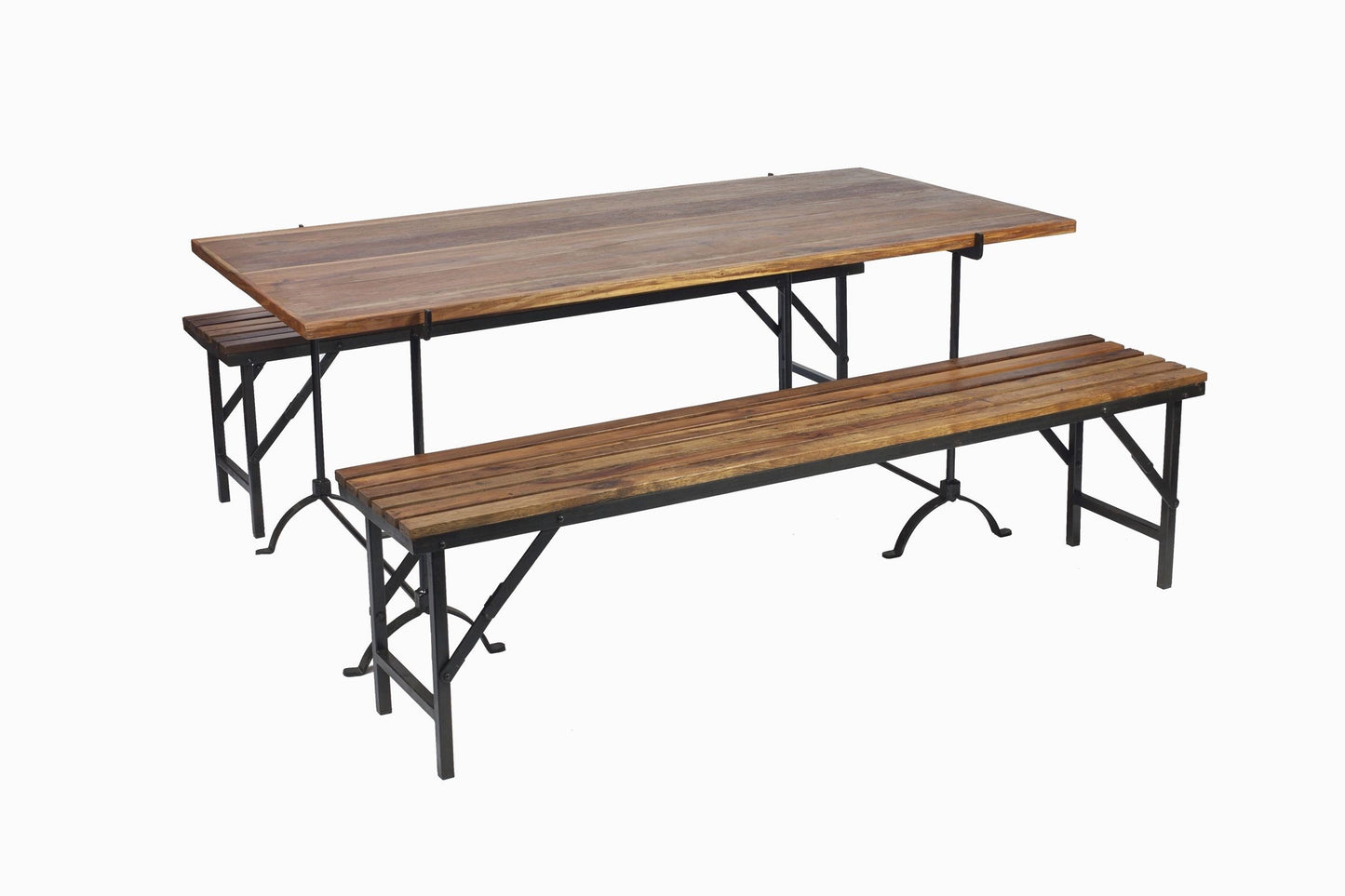 MESA CABALLETE DE MADERA Y HIERRO CON BANCOS