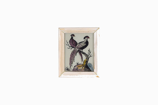 Indian glass painting of two pheasants - white frame. (very small)