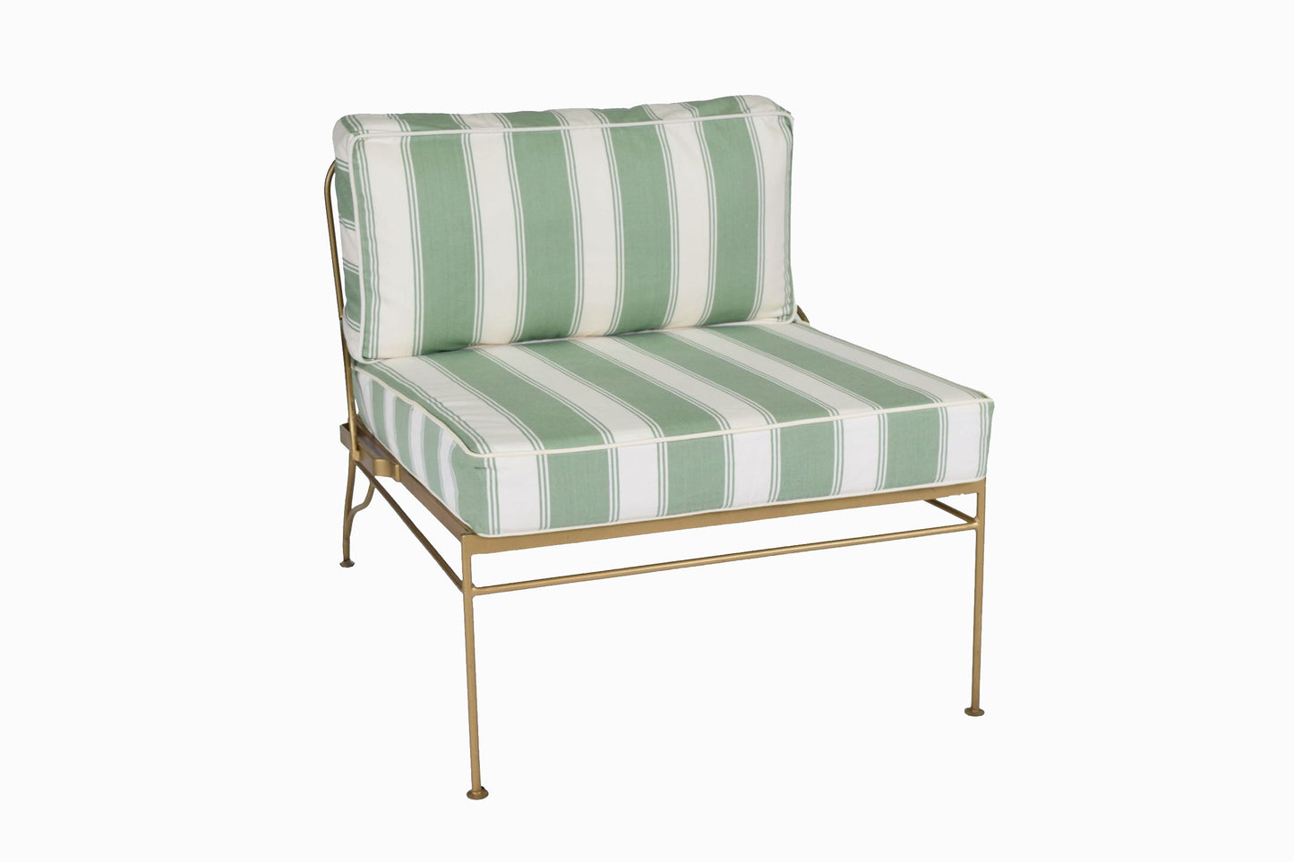 SILLA PALM SPRINGS DE METAL DORADO, COJINES A RAYAS VERDES Y CREMA