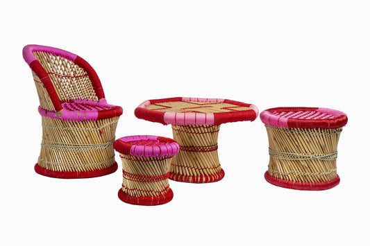 ENSEMBLE DE MEUBLES ENFANT CANNE/BAMBOU ROSE