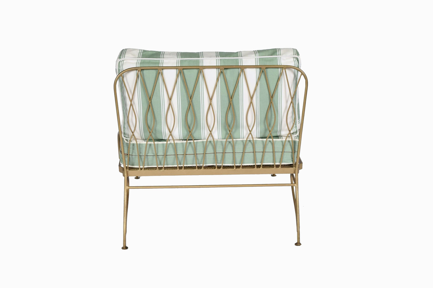 SILLA PALM SPRINGS DE METAL DORADO, COJINES A RAYAS VERDES Y CREMA