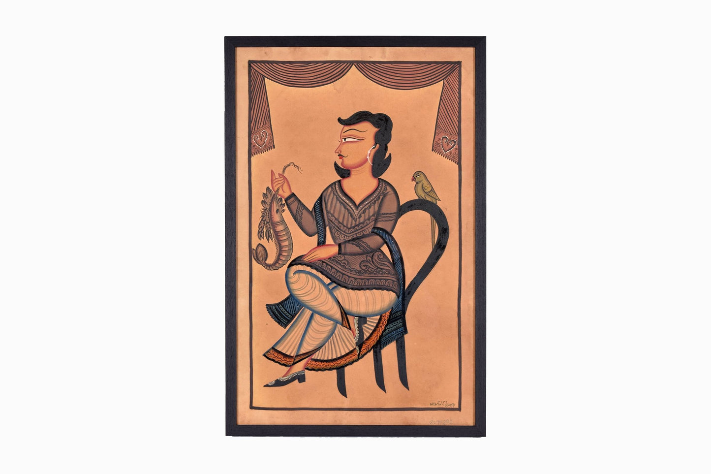 Peinture de l'école de Calcutta représentant un homme avec un perroquet et un crustacé