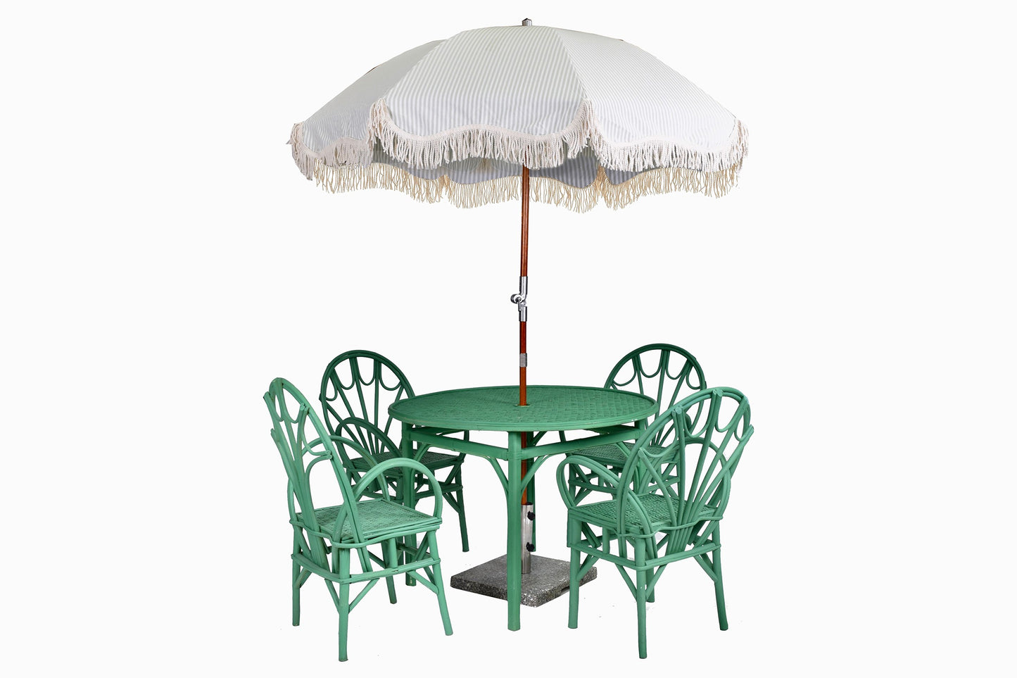 Mesa de comedor de madera curvada y ratán verde