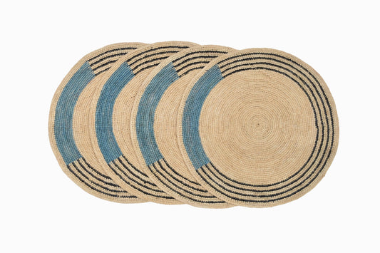 CIRCULAR STRAW TABLE MATS BLACK POWDER BLUE (SET OF 4)