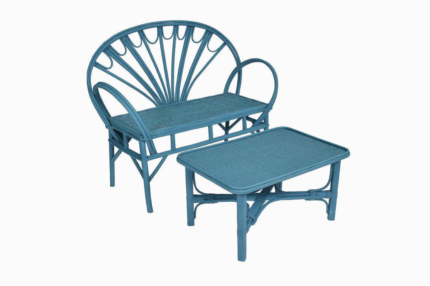 Table basse en bois courbé et rotin bleu