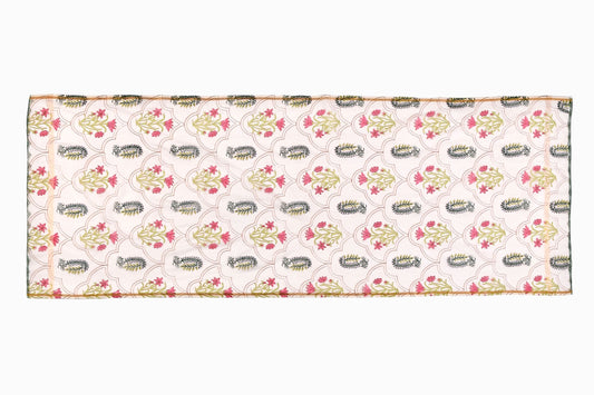 Cotton table runner block printed with pink flowers in a trellis design TR3