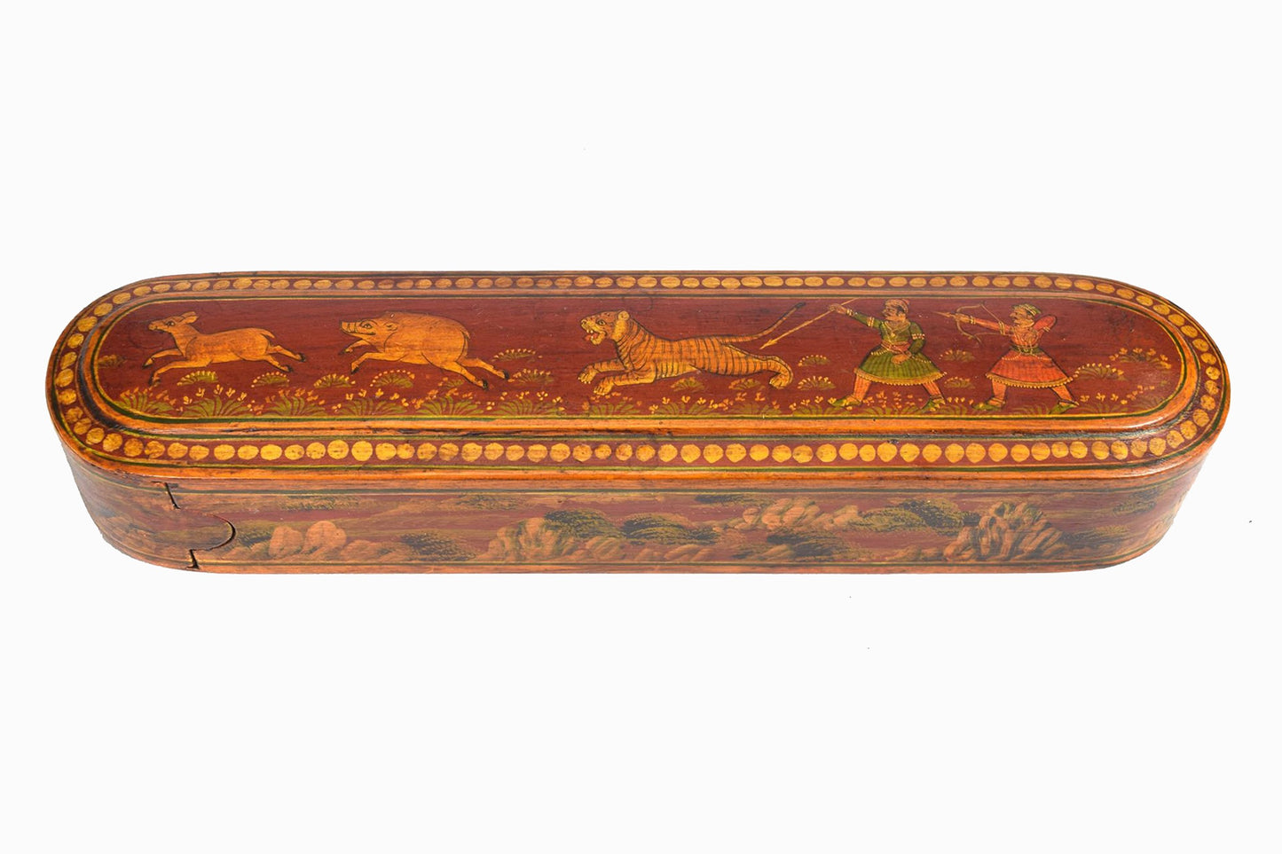 VINTAGE INDIAN WOODEN PENCIL CASE, HAND PAINTED