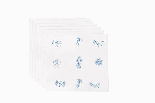 SERVIETTES EN COTON BRODÉES ARBRE, OISEAU, SOLEIL ET PERSONNES