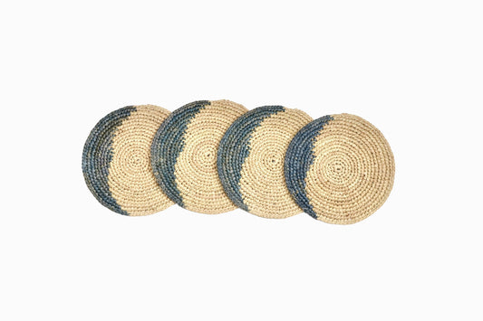 CIRCULAR STRAW COASTERS POWDER BLUE DETAIL (SET OF 4)