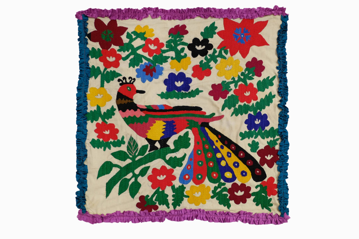 Peacock embroidered panel with ruffle