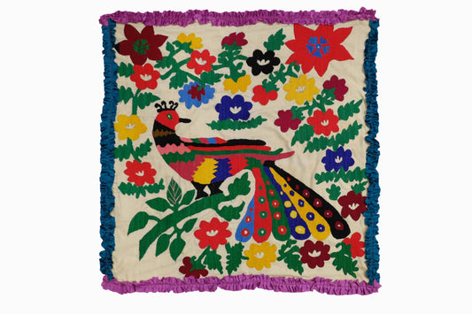 Peacock embroidered panel with ruffle