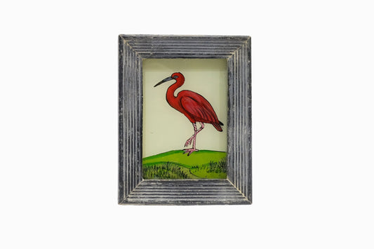 A reverse glass painting of a scarlet Ibis (very small)