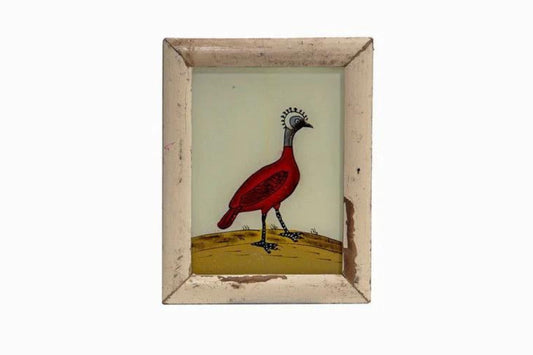 Reverse glass painting of a red bird. (very small)