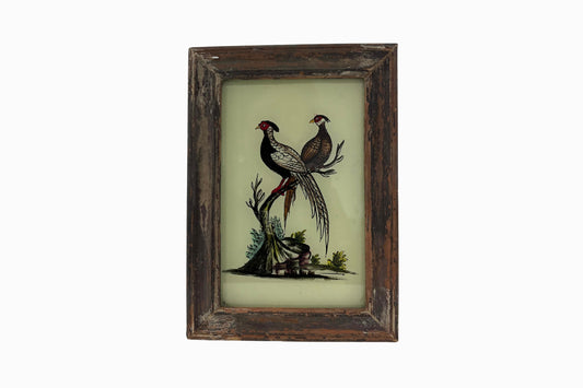 A reverse glass painting of pheasants in a darkwood frame (small)