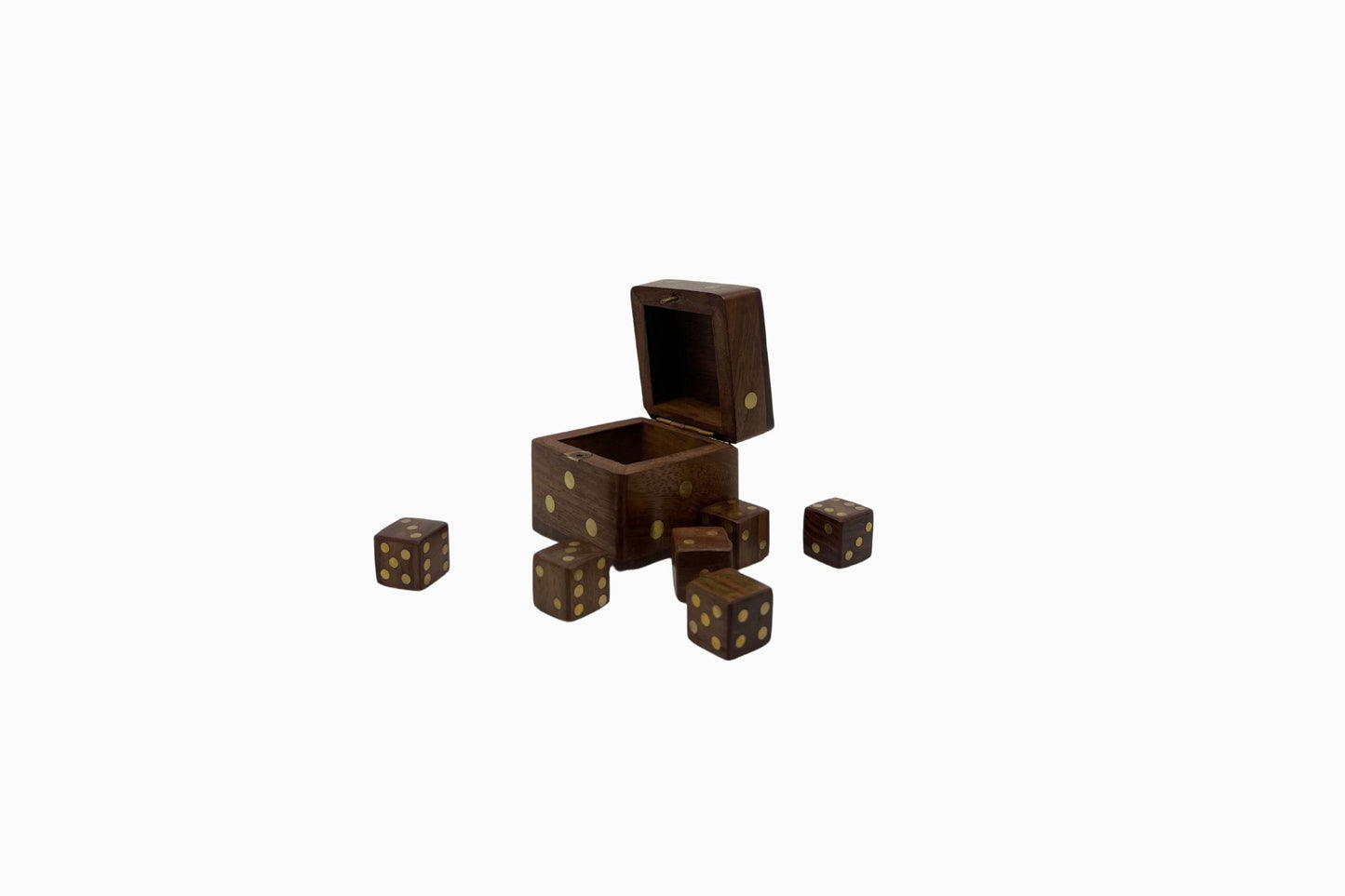 Wood and brass dice set