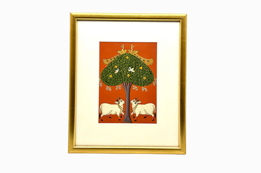 Indian painting of holy cows under a tree