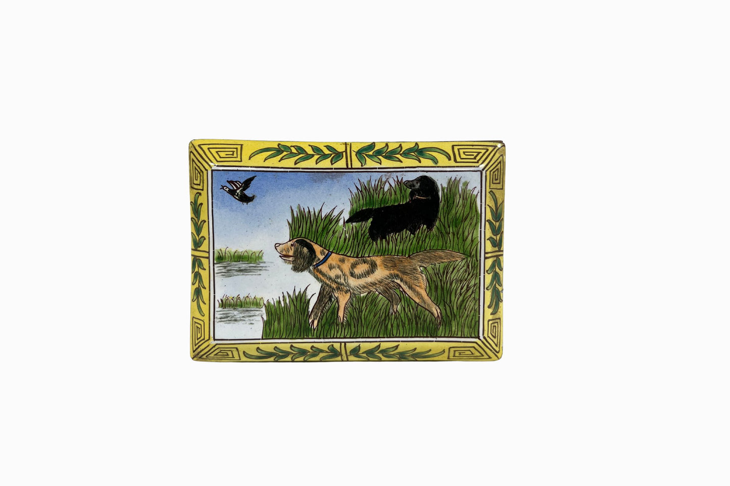 Decorative enamel box depicting hunting dogs