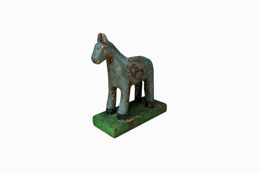 Blue and green painted small wooden horse
