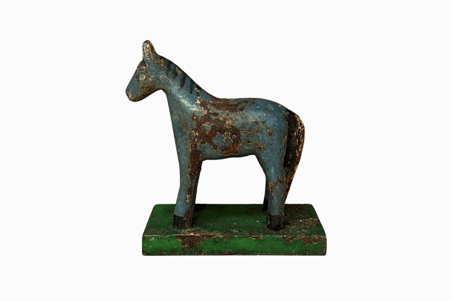 Blue and green painted small wooden horse