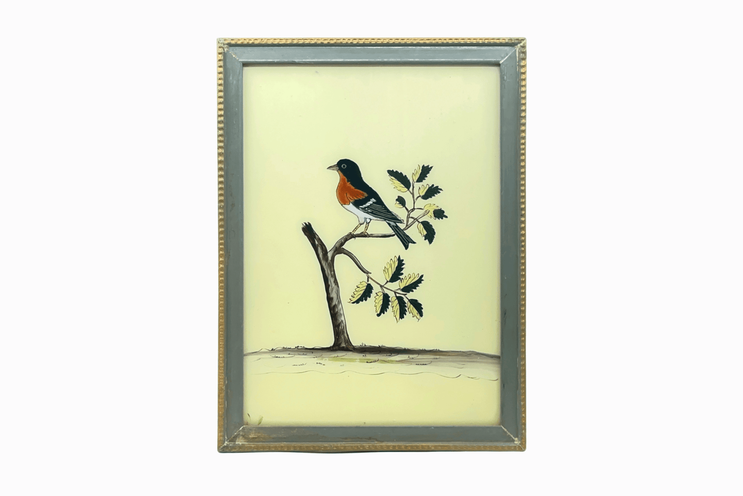 An Indian glass painting of black and orange bird on branch (Large)