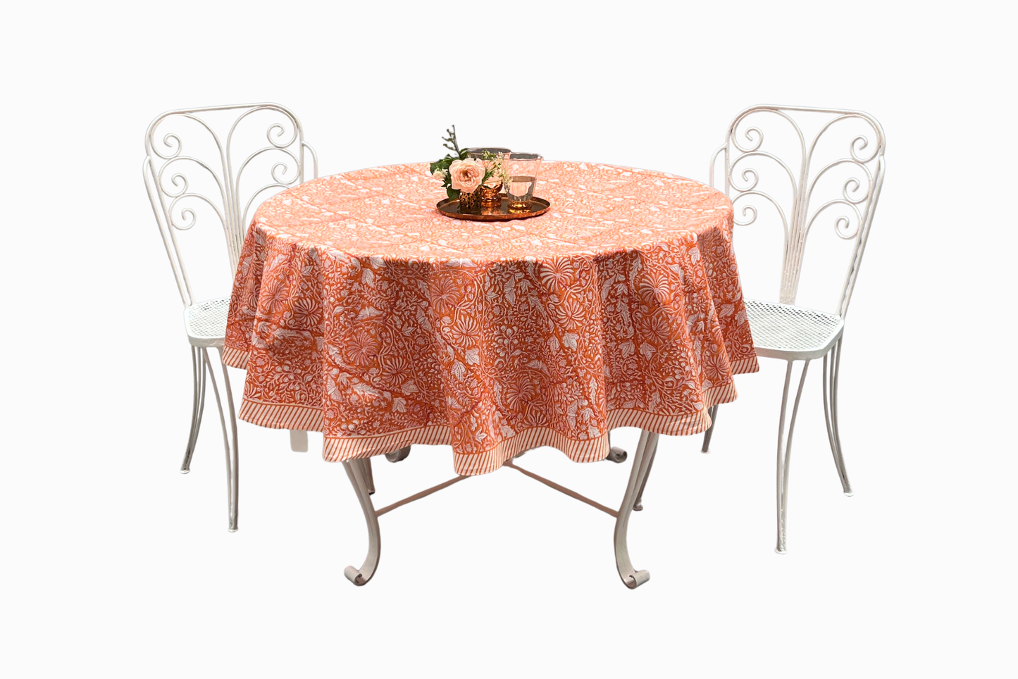 Orange Block Print Cotton Tablecloth - Round