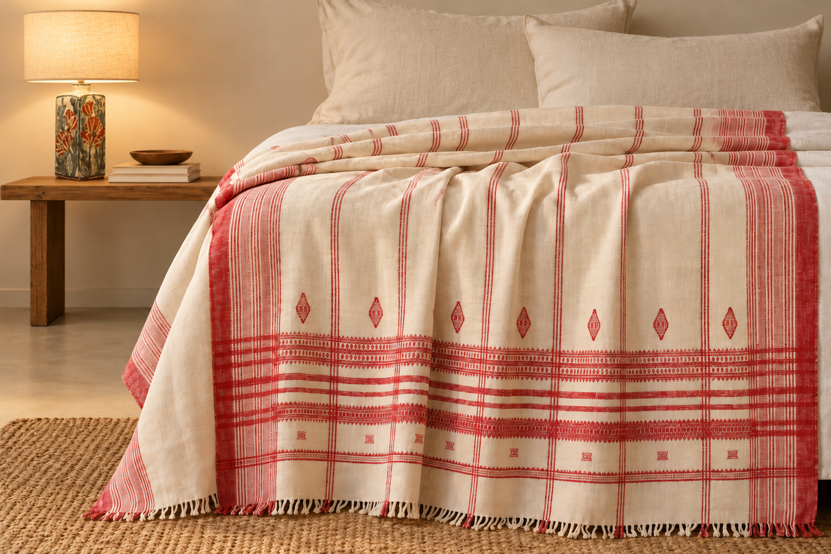 Colcha BS16 Colcha india de lana color crema y rojo