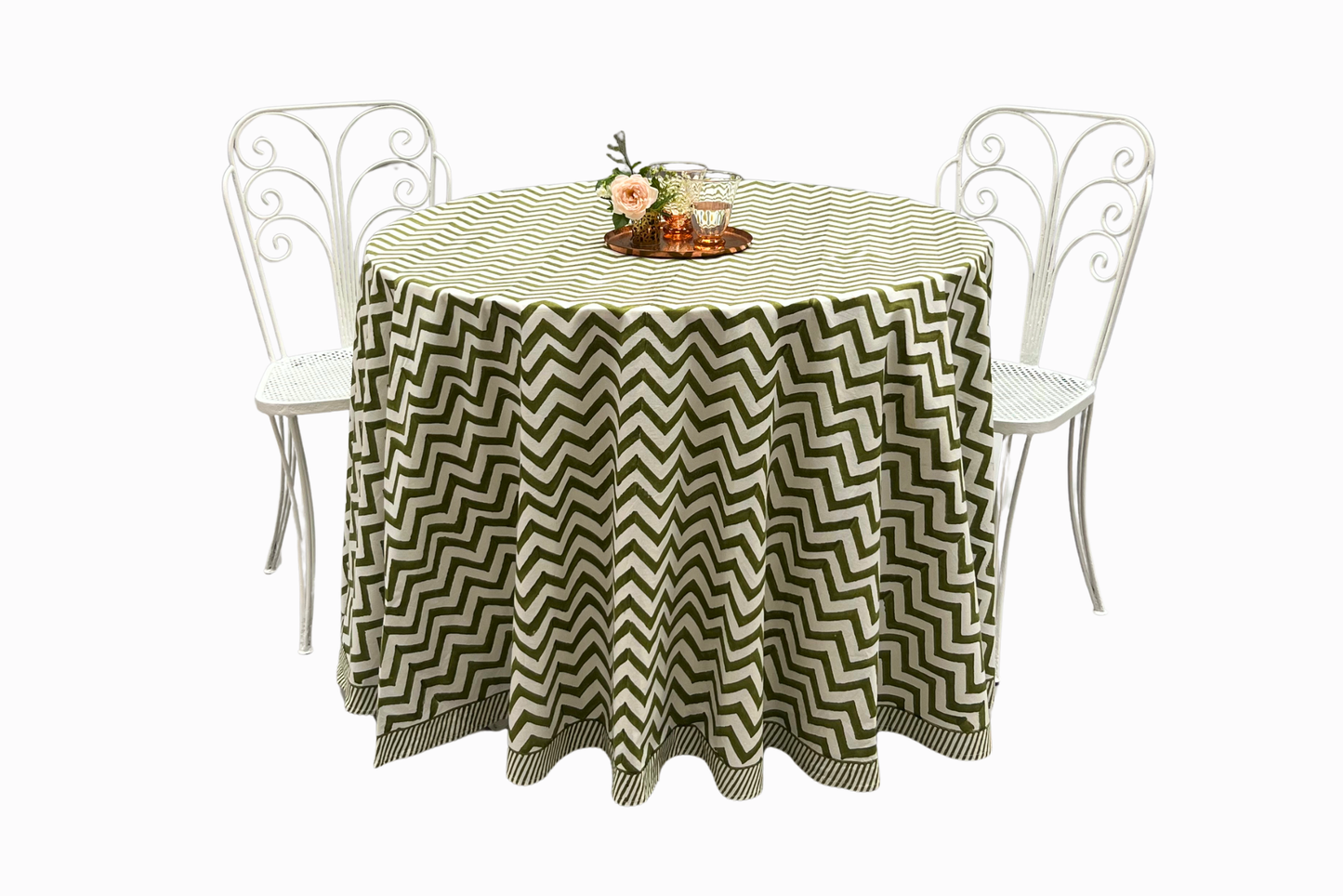 Green Zig Zag Cotton Tablecloth - Round (Large)
