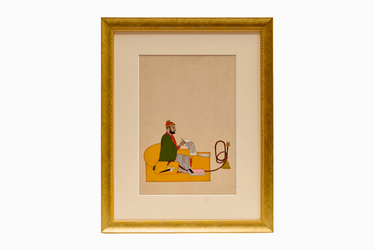 Miniature painting of Man on yellow couch with hookah