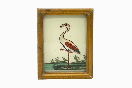 Peinture indienne sur verre représentant un flamant rose (très petit)