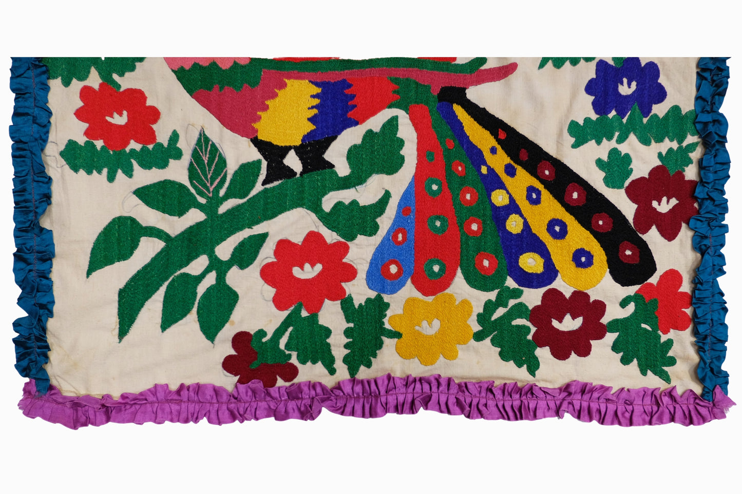Peacock embroidered panel with ruffle