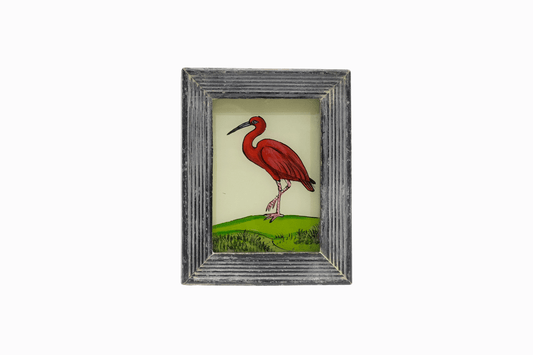 A reverse glass painting of a scarlet Ibis (very small)