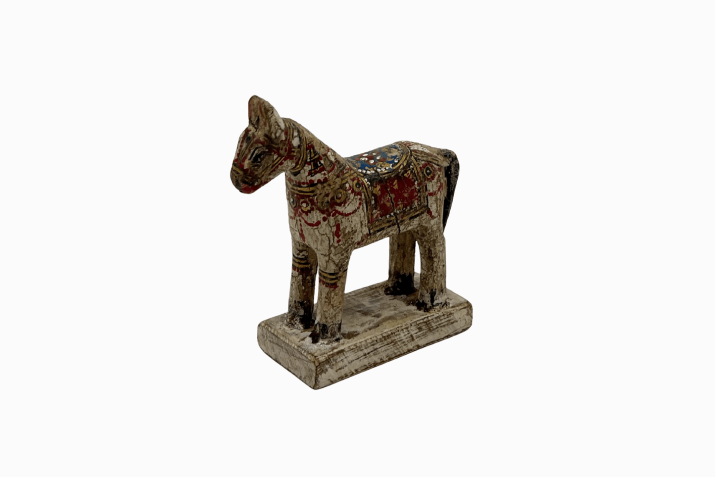 White painted small wooden horse with red saddle 2