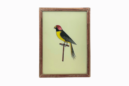 An Indian glass painting of yellow and black bird on stand (Large)