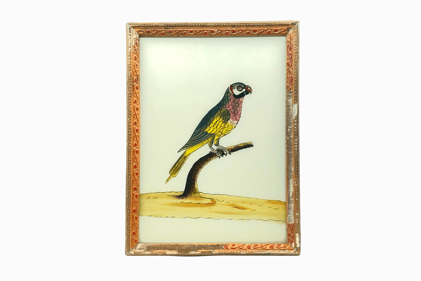 An Indian glass painting of a yellow and green bird on a branch (Large)