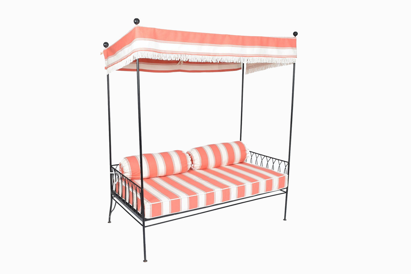 PALM SPRINGS GUNMETAL DAYBED, coral and cream stripe fabric