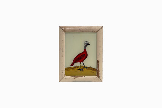 Reverse glass painting of a red bird. (very small)