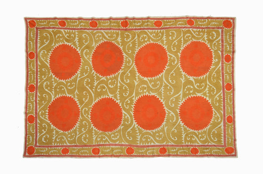Orange flower Suzani wall hanging or bedspread.