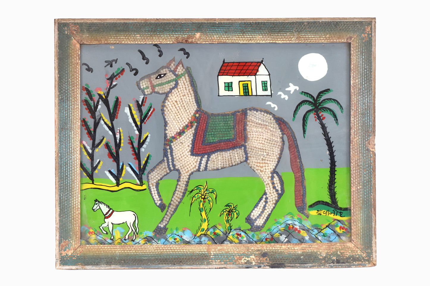 Cuadro de caballo con cuentas y vidrio pintado